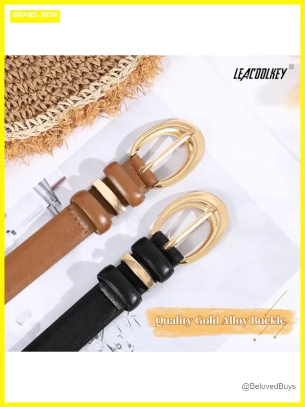 2 Pack Women's Faux Leather Belts with Gold Silver Buckle - Adjustable Fashion
